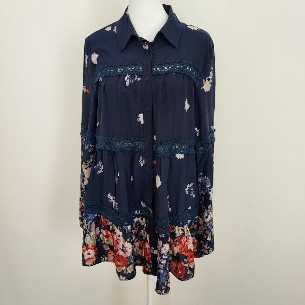Entro Navy Floral Bell Sleeve Button Front Shirt Dress
